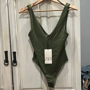 Zara Deep V-Neck Green Bodysuit